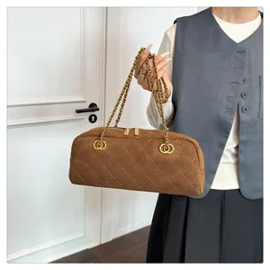 Brown suede quilted bowling bag with chain strap vintage baguette shoulder bag for women