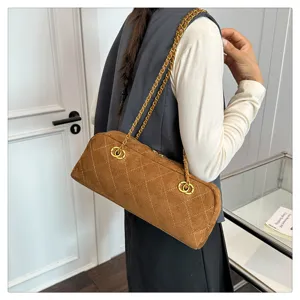 Brown suede quilted chain baguette shoulder bag, vintage bowling crossbody bag.