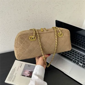 Retro quilted suede bowling shoulder bag with chain strap for women fashion casual baguette