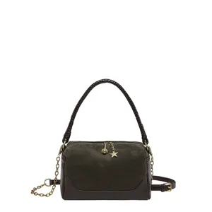 Close-up detail of the stylish dark green suede handbag with gold-tone hardware charms.