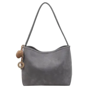 Grey minimalist vintage shoulder bag for women, stylish large capacity daily commuter tote bag.
