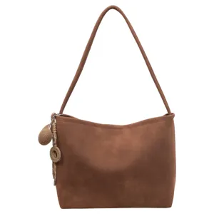 Casual brown suede shoulder bag for women, vintage minimalist large capacity tote bag commute.