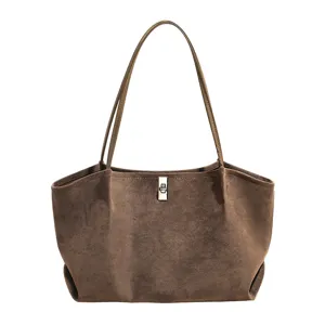 Brown suede tote bag for women retro minimalist shoulder bag large capacity casual commuter daily