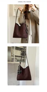 Vintage brown suede hobo bucket shoulder bag with cute animal pendant for daily commute