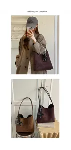 Chic retro suede tote bag with cute dog charm, stylish minimalist shoulder bag for women daily.