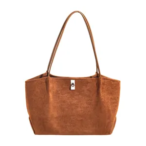 Brown suede tote bag minimalist shoulder underarm bag large capacity daily commute casual bag.