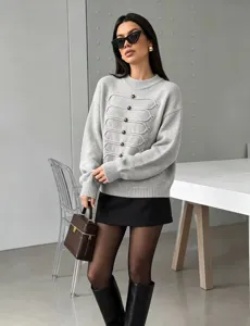 Damen grauer Strickpullover Knopf geflochtene Detail Langarm Pullover Freizeit Top