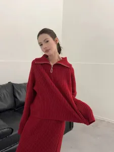 Women Red Half Zip Knit Sweater Set Loose Casual Two Piece Pullover Long Sleeve Skirt
