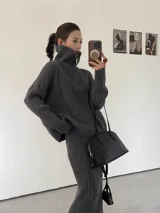 Lazy style half-zipper turtleneck sweater skirt set women autumn winter loose knitwear.