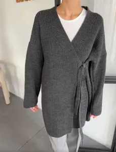 Donkergrijze dames gebreid vest met strikriem, casual lange mouwen trui jas detailweergave.