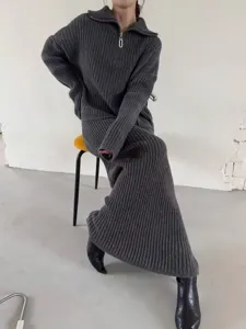 Cozy dark gray half-zip knit sweater and midi skirt two-piece set, casual autumn winter outfit.