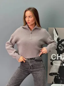 Pull côtelé à demi-fermeture éclair pour femmes, haut ample décontracté à manches longues.