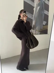 Cozy brown knit sweater and midi skirt set, half-zip lapel two-piece casual outfit for women.