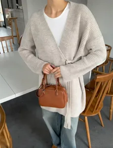 Dames gebreide wikkel cardigan trui jas casual lange mouw beige bovenkleding mode