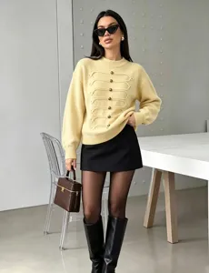 Damen Rundhals Knöpfe gestrickter Pullover Langarm Oberteil Herbst Fashion Schick