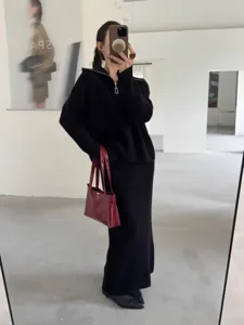 Casual half-zip lapel knit sweater and long skirt set, comfortable autumn winter outfit.