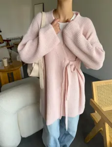 Dames roze gebreid vest met riem wikkel trui casual lange mouw bovenkleding voor herfst