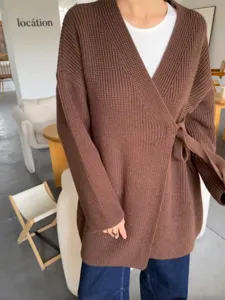 Dames gebreid vest truien met riem elegante lange mouw casual bovenkleding topje