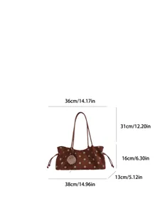 Stylish brown polka dot pleated tote bag, retro Korean style large capacity shoulder handbag.