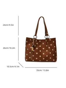 Brown polka dot tote bag detail showing dimensions, large capacity daily commuting shoulder bag.