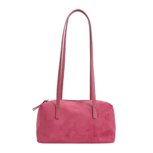 Pink suede pillow shoulder bag with long straps, vintage minimalist underarm bag for women.