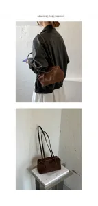 Retro suede pillow shoulder bag detailed view, versatile brown commuter underarm bag with long strap.