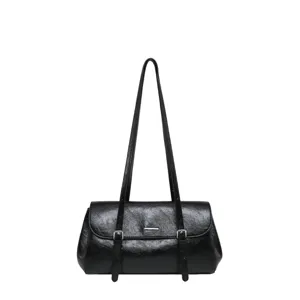 Black oil wax leather baguette shoulder bag, retro underarm bag for women daily commuting.