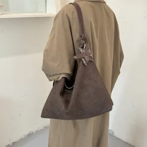 Braune geflochtene Umhängetasche große Kapazität trendige Tasche lässiger Shopper für Damen