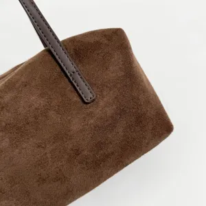 Brown suede shoulder bag detail view, vintage underarm bag for women minimalist commuter style