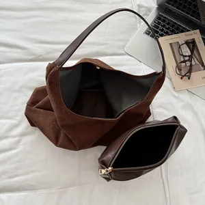 Vintage brown suede hobo bag set, stylish minimalist shoulder bag with matching pouch.