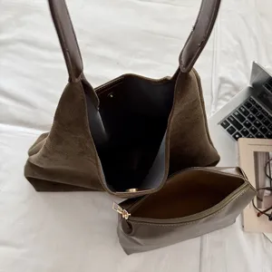 Vintage brown suede hobo tote bag set with matching pouch, stylish casual everyday shoulder bag.