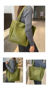Woven leather tote bag for women, stylish large capacity shoulder bag for daily commute.