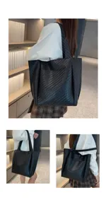 Black woven tote bag for women, stylish large capacity shoulder bag for daily work commuting.
