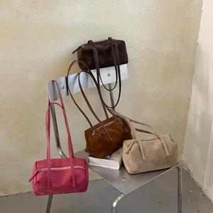 Korean vintage suede pillow shoulder bag, casual long strap handbag for daily commute