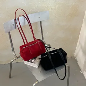 Retro suede pillow shoulder bag with long strap, chic casual underarm handbag for women.