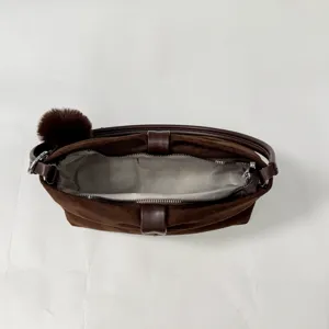 Brown suede shoulder bag for women vintage style elegant handbag with furry pompom