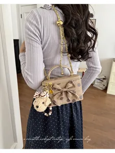 Stylish women vanity box bag with bow and cute bear pendant, vintage polka dot shoulder bag.