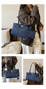 Casual τσάντα tote από τζιν με κούμπωμα περιστροφής και μικρό τσαντάκι για γυναίκες