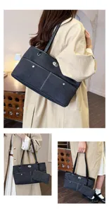 Κορεάτικου στιλ casual τσάντα shopper από τζιν patchwork με κομψό κούμπωμα και θήκη.