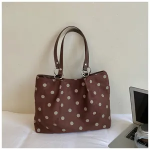 Brown polka dot large capacity tote bag, stylish commuter shoulder bag for daily use.