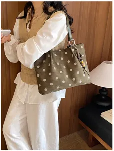 Chic polka dot tote bag for women, large capacity suede shoulder bag for daily casual commute.