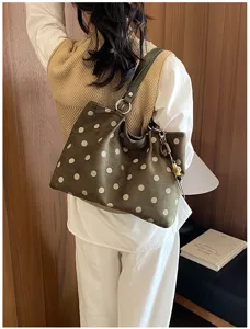 Green polka dot tote bag large capacity stylish shoulder bag casual daily commuter bag