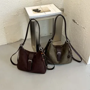 Women suede shoulder bag casual retro hobo handbag with buckle and beaded charm daily use