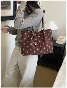 Brown polka dot tote bag large capacity shoulder bag casual stylish daily commuter handbag