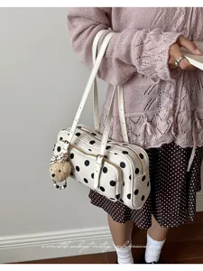 Sac à épaule Boston à pois style coréen, grande capacité sac à main rétro chic et élégant.