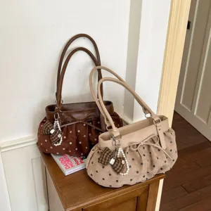 Women Korean Vintage Polka Dot Shoulder Bag PU Leather Tote Bag With Bow And Pearl Pendant Chic Casual Underarm Bag