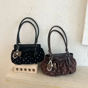 Korean style polka dot shoulder bag, vintage chic tote bag with bow charm for women.