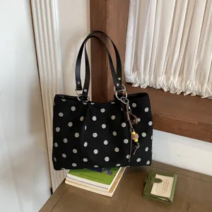 Black polka dot large capacity tote bag, simple casual daily commuting single shoulder bag.