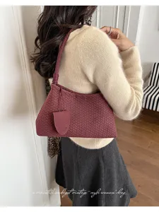 Gewebte Schultertasche fuer Damen Vintage Unterarm Handtasche PU Leder Handtasche
