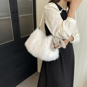 White plush shoulder bag for women, cute fluffy cloud handbag with bunny decor, casual daily purse.
